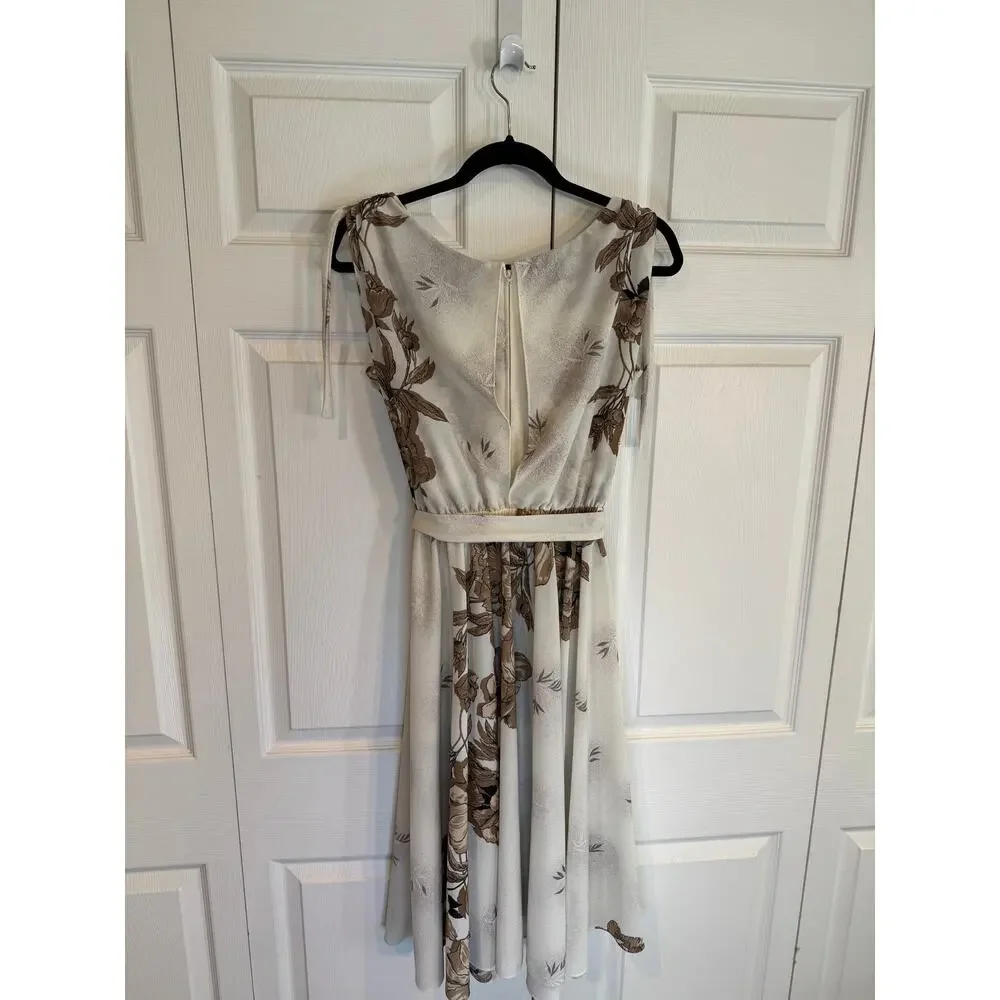 Vintage Floral Print Dress Sleeveless Tie Strap Midi Cream Brown - Picture 6 of 8